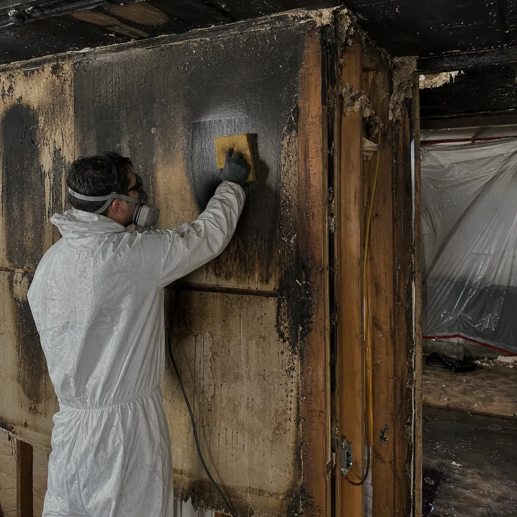 Technician in protective gear performing professional fire and soot damage restoration