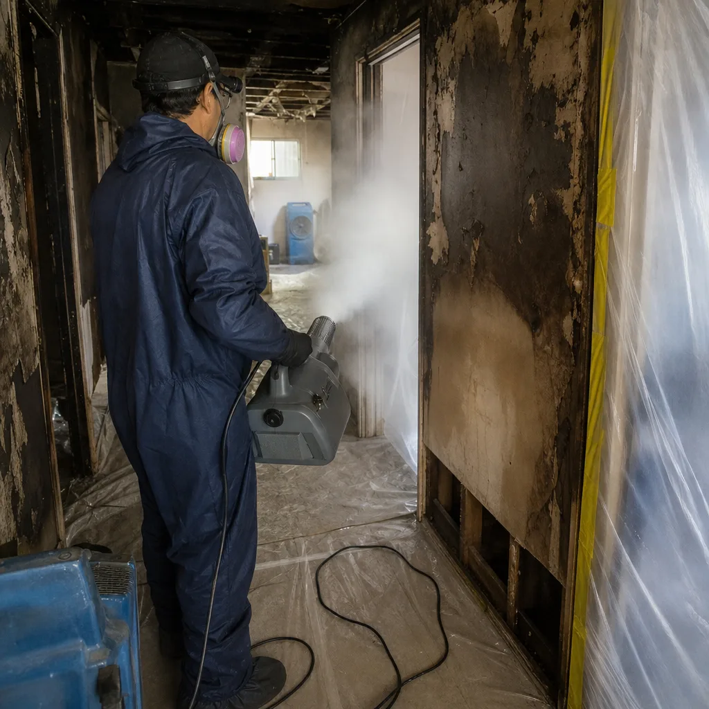 Technician performing professional fire damage odor removal and smoke remediation