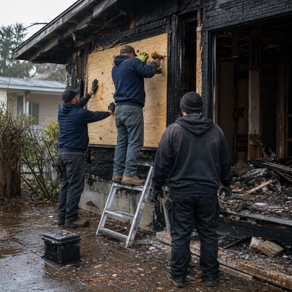 Team performing emergency fire damage restoration and board up service