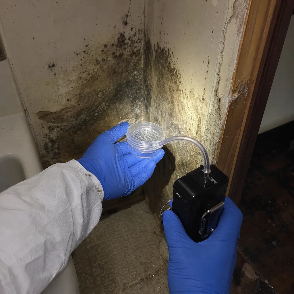 Professional technician performing indoor air quality mold testing with air pump