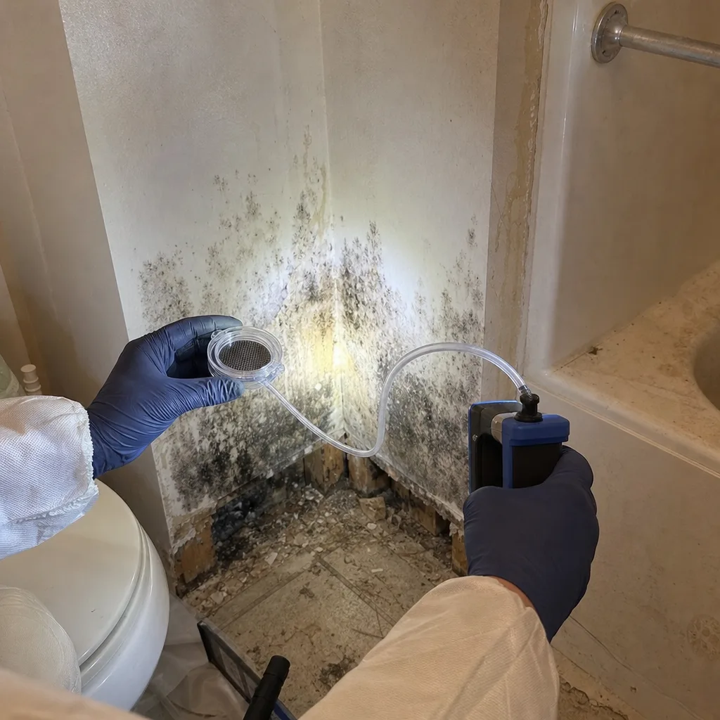 Professional mold inspector performing air quality sampling in a residential bathroom