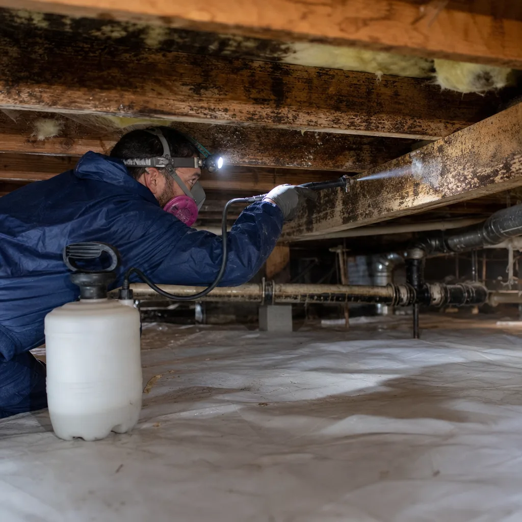 Technician in protective gear performing mold remediation on crawl space joists