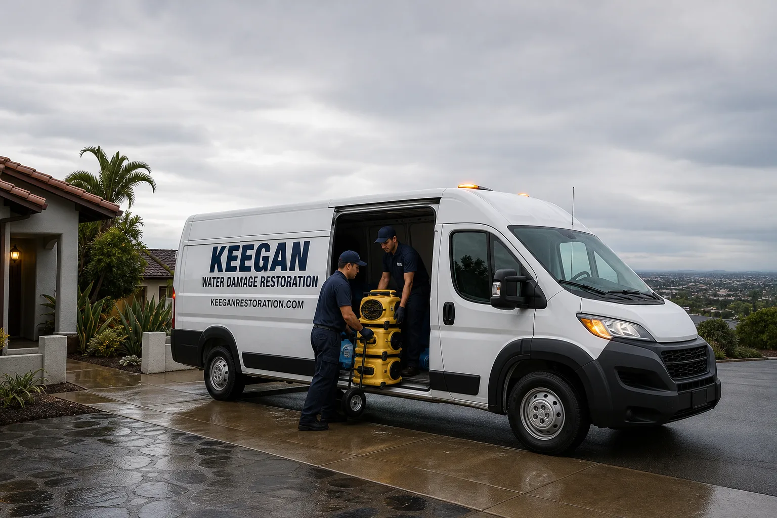 Keegan Water Damage Restoration damage restoration technicians and branded service vehicle